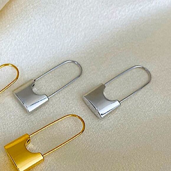 Silver Lock Safety Pin Earrings, Minimalist, Dainty, Gift For Teenager - Picture 6 of 9
